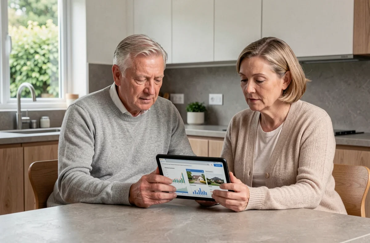 Couple de retraités consultant ensemble un investissement immobilier senior sur tablette dans leur cuisine moderne, évoquant la sécurité financière offerte par Domitys Invest