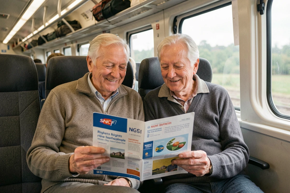 Couple de retraités SNCF consultant leurs droits dans le train