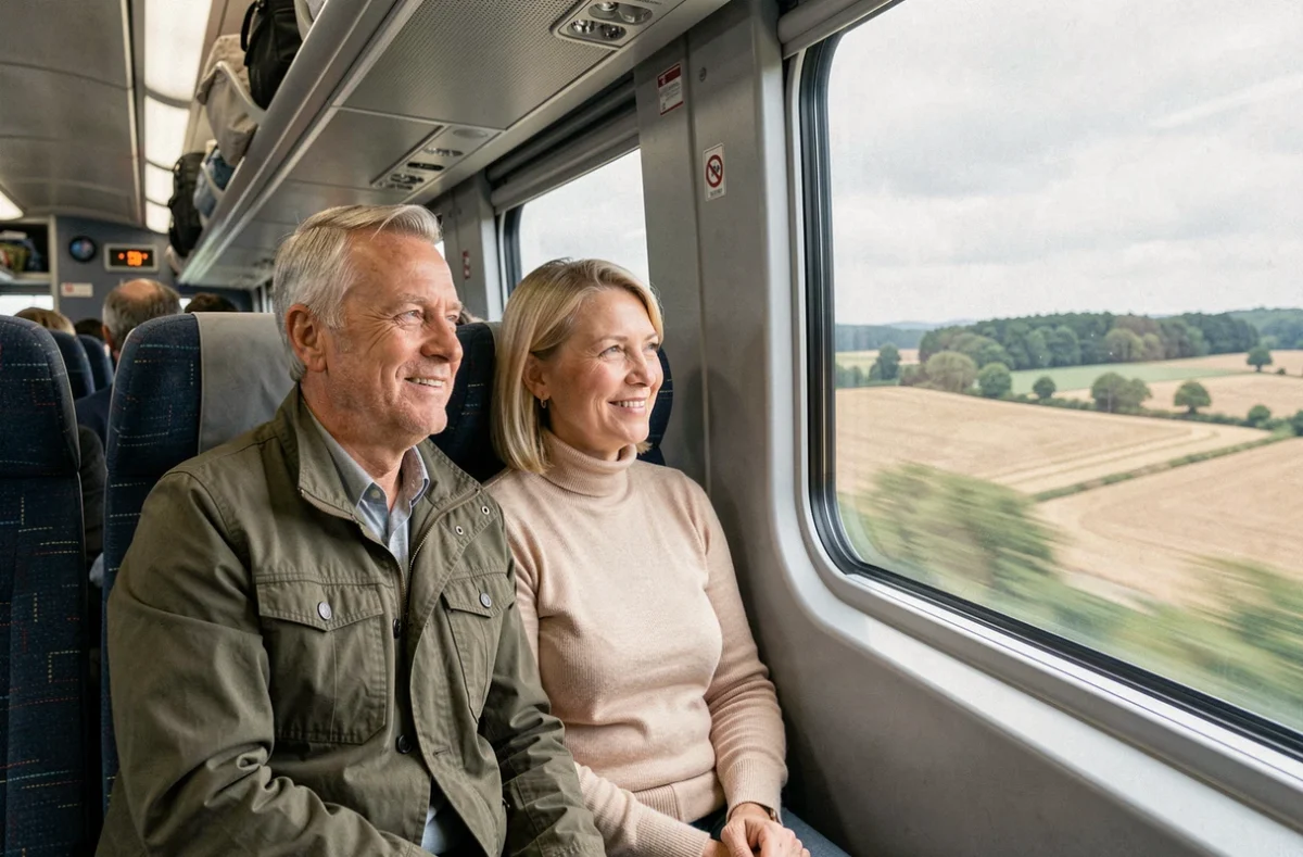 Couple de retraités SNCF voyageant ensemble en train à travers la campagne française