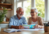 Couple senior heureux avec bons de vacances à la maison