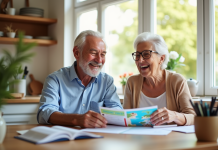 Couple senior heureux avec bons de vacances à la maison