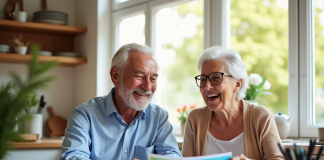 Couple senior heureux avec bons de vacances à la maison