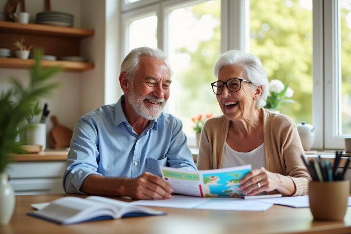 Couple senior heureux avec bons de vacances à la maison