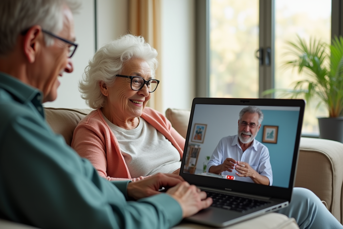 Couple senior souriant en vidéoconférence à la maison