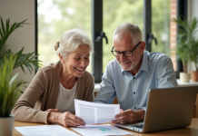 Couple senior examinant des documents financiers à la maison