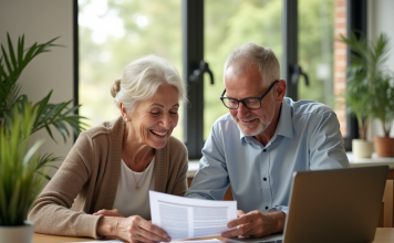 Couple senior examinant des documents financiers à la maison