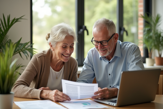 Couple senior examinant des documents financiers à la maison