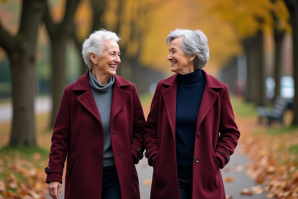Deux femmes d'environ 65-70 ans riant ensemble en se promenant dans un parc en automne, symbolisant une belle amitié féminine à cet âge de vie