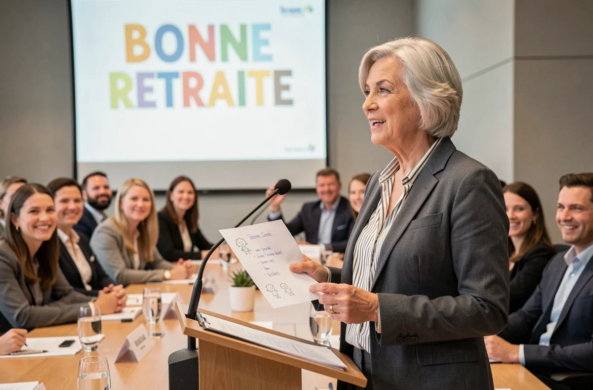 Femme prononçant un discours humoristique pour un départ à la retraite devant ses collègues en salle de réunion