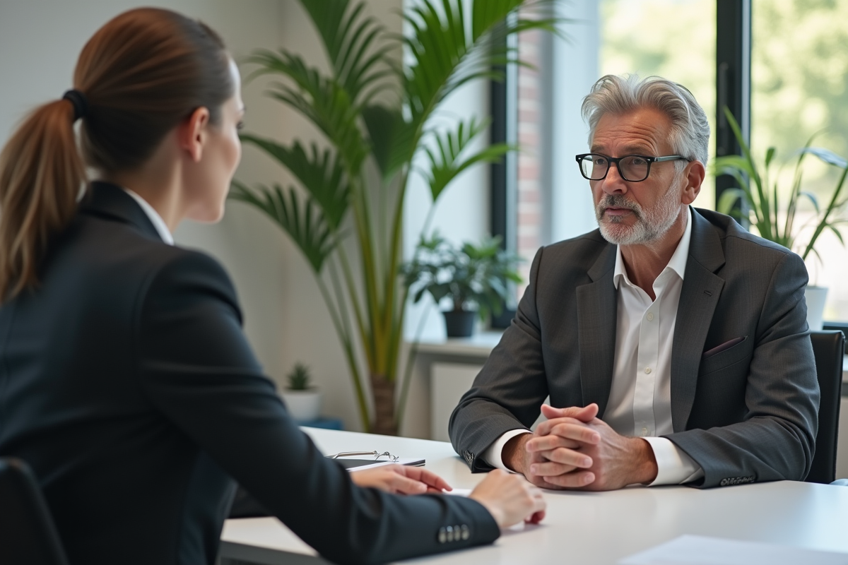 Homme d age en costume parle avec une conseillère dans un bureau lumineux