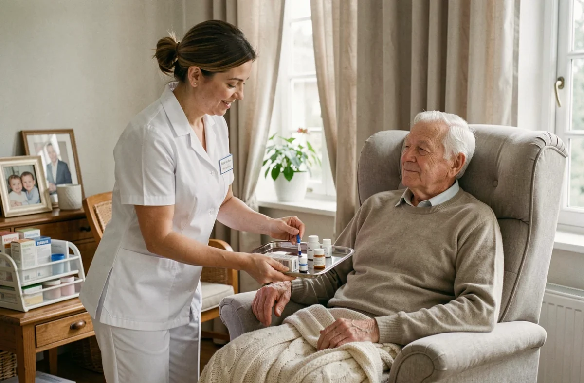Une soignante Domidom administre des soins à domicile à un homme âgé assis dans son salon, illustrant le service prestataire de soins