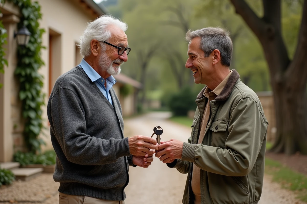 Grand-père remettant les clés d'une maison en pierre à son petit-fils devant une propriété familiale à la campagne