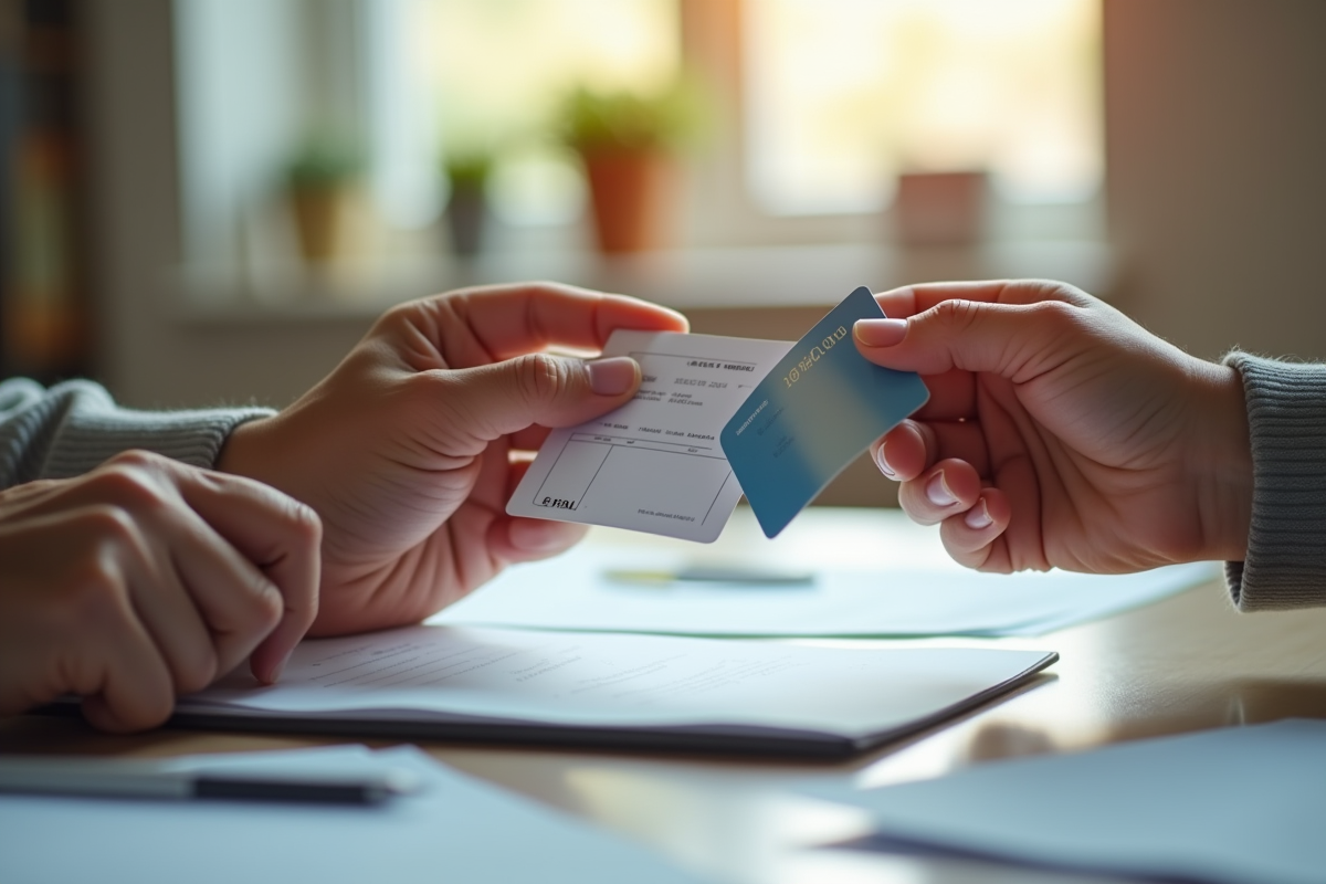 Mains échangeant factures et carte bancaire dans un bureau lumineux