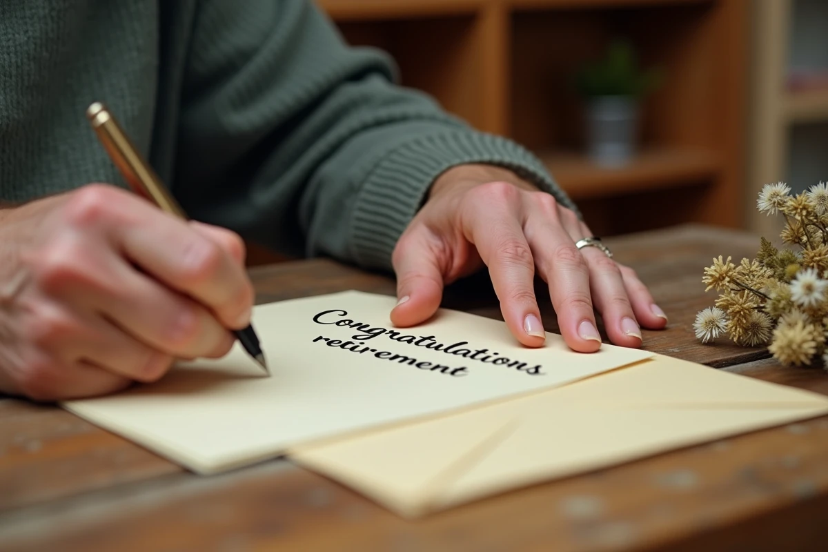 Mains écrivant un message de félicitations pour un départ en retraite avec un stylo plume sur papier épais