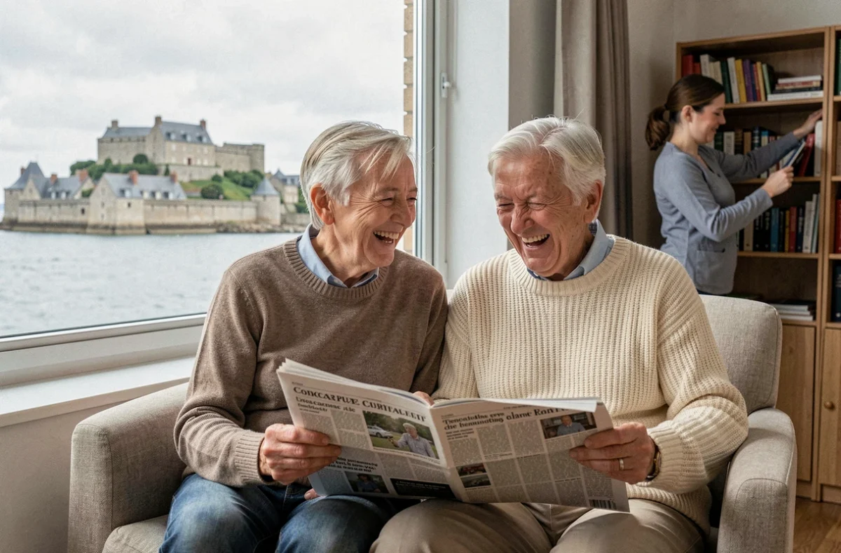 Deux résidents de l'EHPAD du Centre Hospitalier de Concarneau discutant près d'une fenêtre avec vue sur la ville close