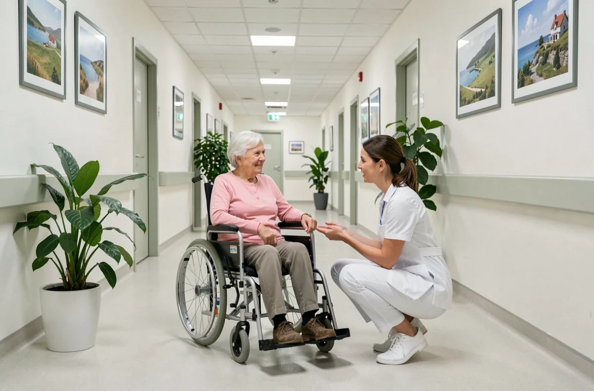 Résidente en fauteuil roulant discutant avec une infirmière dans le couloir de l'EHPAD du Centre Hospitalier de Quimper