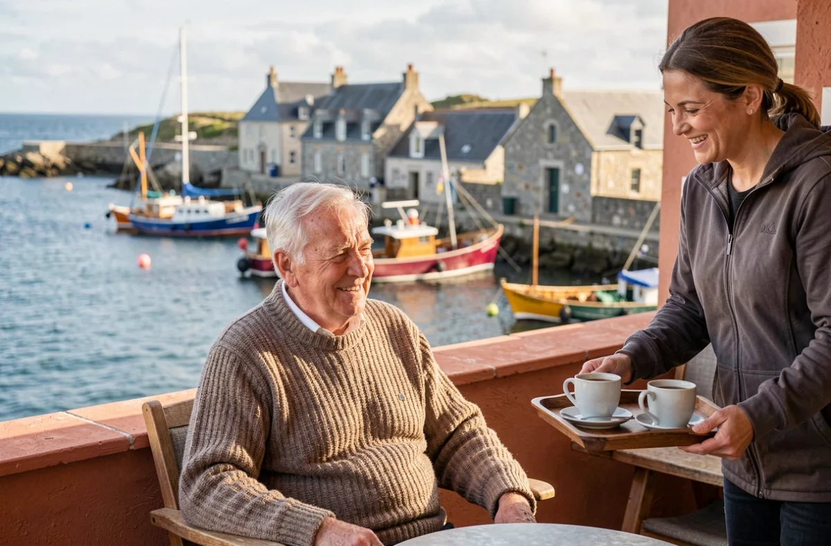 Résident de l'EHPAD Ker Astel à Douarnenez sur une terrasse avec vue sur la baie