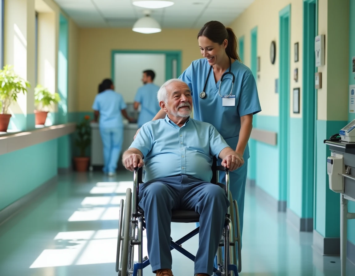 Aide-soignante accompagnant un résident en fauteuil roulant dans un couloir d'EHPAD médicalisé, symbolisant les soins professionnels en maison de retraite médicalisée