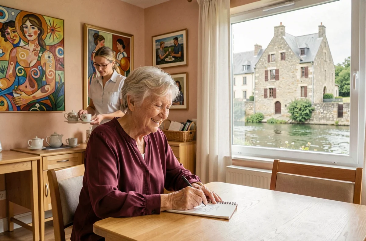 Résidente dessinant dans une salle décorée de reproductions de l'École de Pont-Aven à l'EHPAD de Pont-Aven
