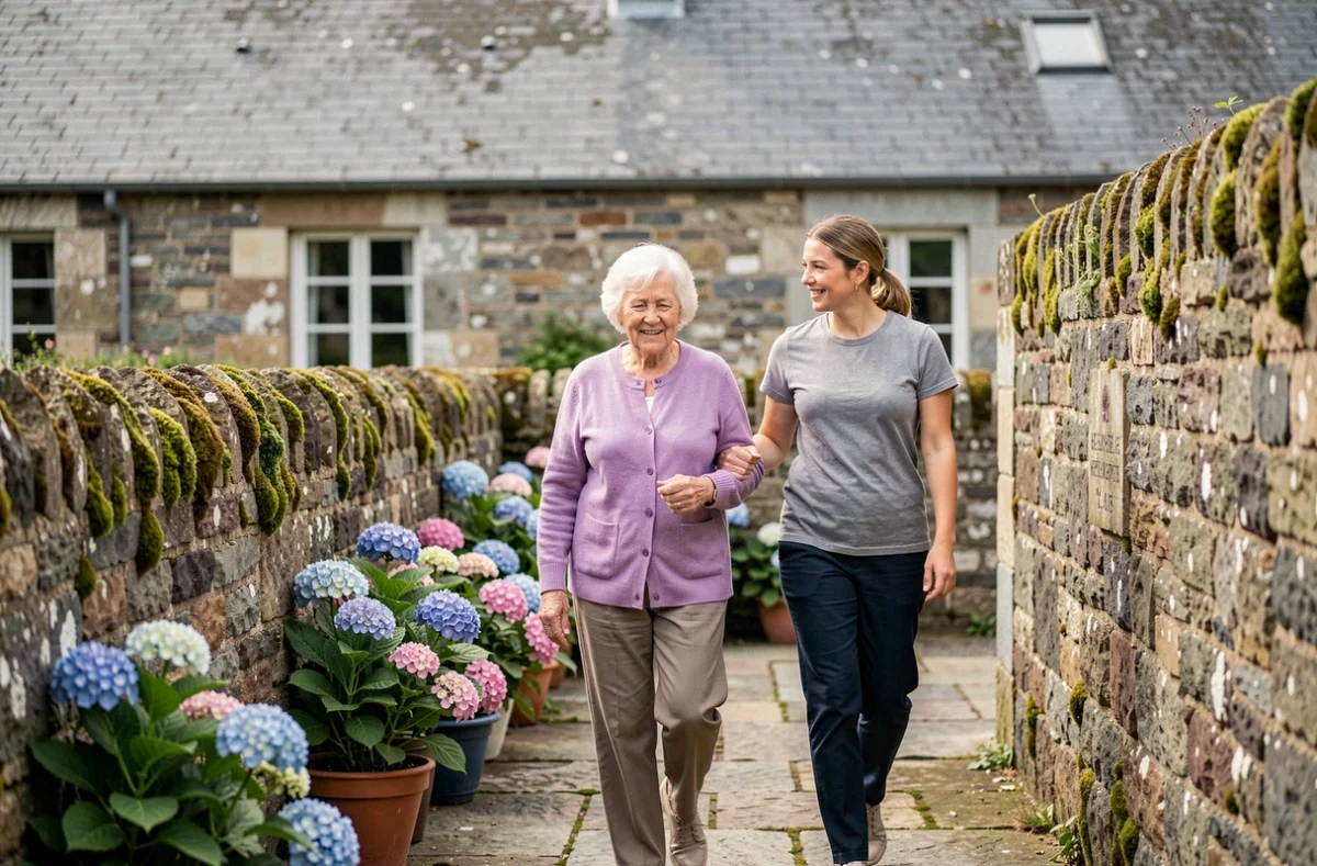 Résidente se promenant dans le jardin de l'EHPAD Ty Bizien à Quimperlé entourée de murs en pierre