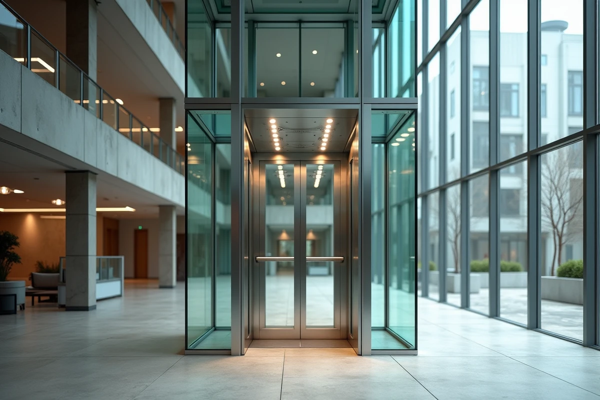 Élévateur PMR vitré en verre transparent intégré dans un atrium contemporain avec structure en acier inoxydable