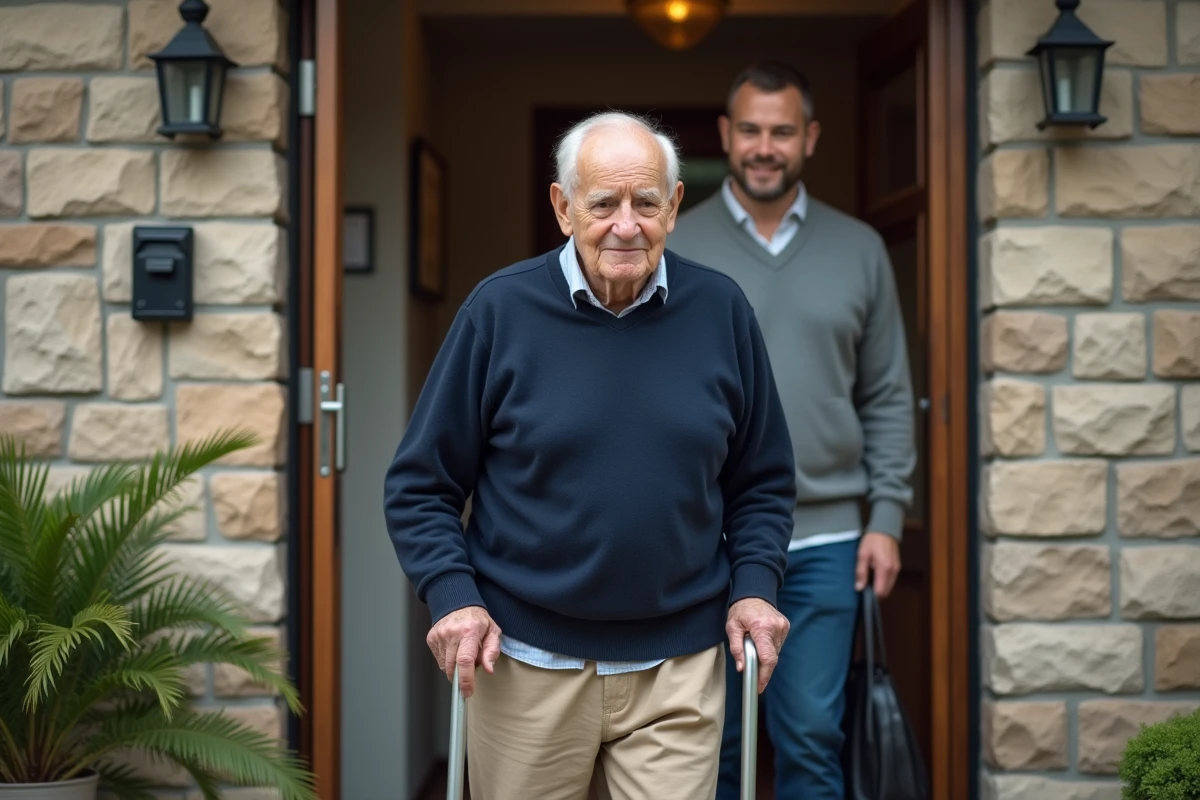 Homme âgé entrant dans sa maison avec une aide extérieure accueillante