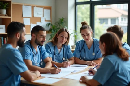 Groupe de soignants divers en réunion dans une salle moderne