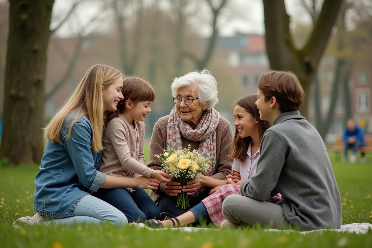 Famille belge multigeneration dans un parc en été