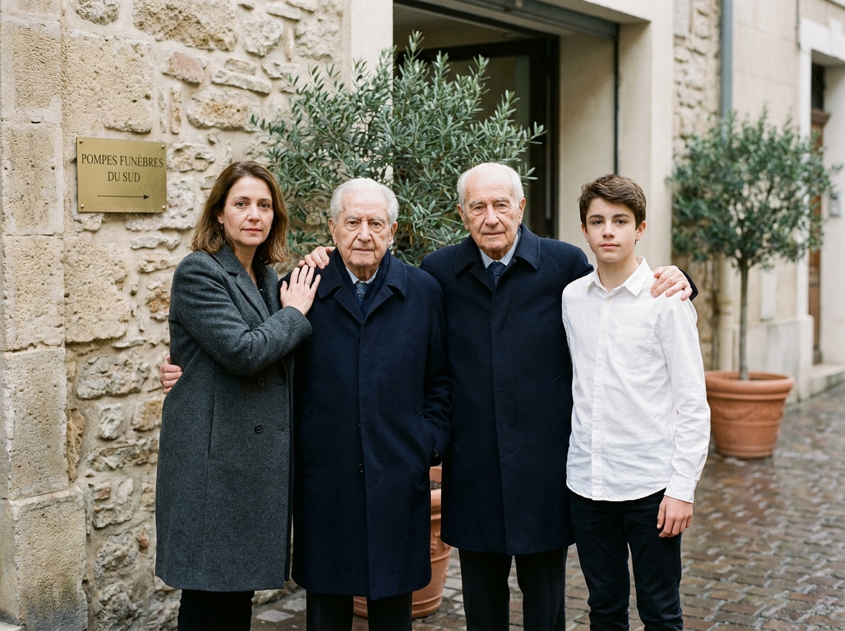 Famille réunie devant les locaux d'une pompes funèbres à Marseille lors d'un moment de soutien intergénérationnel