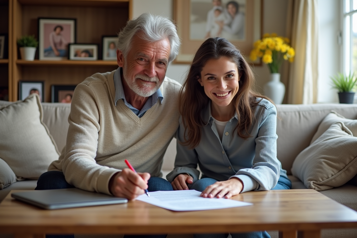 Famille signant un document dans un salon chaleureux