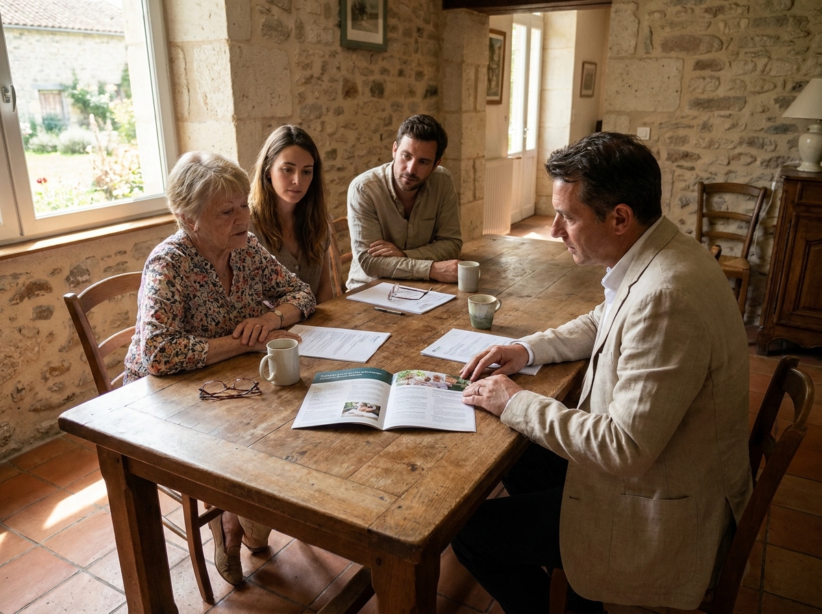 Une famille multigénérationnelle réunie autour d'une table discutant de la transmission du patrimoine et de la réserve héréditaire