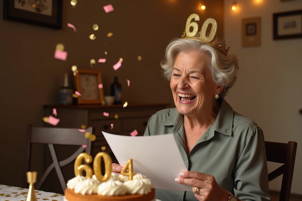 Femme de 60 ans portant une couronne dorée et jouant à un jeu de quiz humoristique lors d'un anniversaire