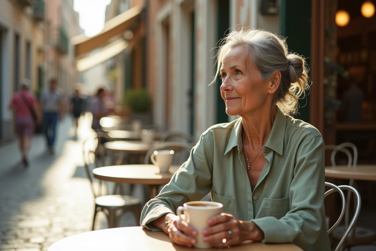 Femme de 65 à 70 ans assise seule en terrasse de café, regard pensif, illustrant la réflexion sur ses envies de rencontre amicale ou amoureuse
