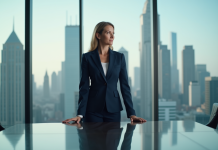 Femme d'affaires en costume navy regardant par la fenetre