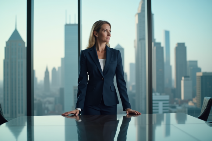 Femme d'affaires en costume navy regardant par la fenetre