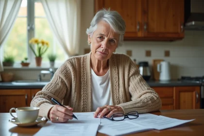 Une femme âgée examine ses factures ADMR à domicile, cherchant à comprendre les erreurs de tarification sur ses documents