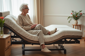 Femme âgée assise sur un lit ergonomique dans une chambre chaleureuse
