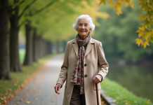 Canne de marche : quel modèle choisir pour bien marcher ? Femme agee souriante marche avec une canne dans un parc