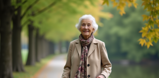 Canne de marche : quel modèle choisir pour bien marcher ? Femme agee souriante marche avec une canne dans un parc