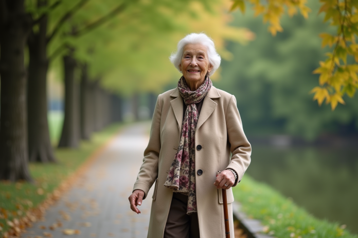 femme-agee-marche-beige Femme agee souriante marche avec une canne dans un parc