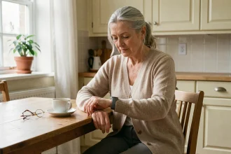 Femme âgée assise dans sa cuisine examinant une montre connectée à son poignet avec une expression curieuse et attentive