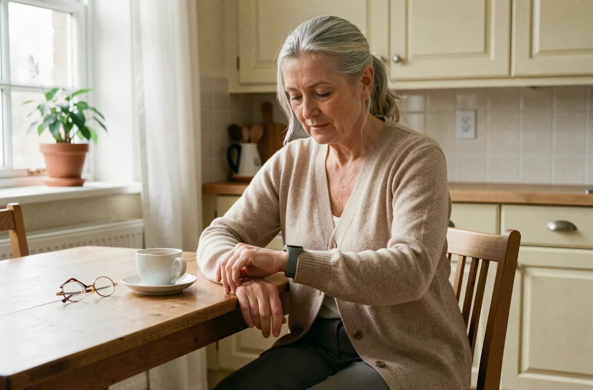 Femme âgée assise dans sa cuisine examinant une montre connectée à son poignet avec une expression curieuse et attentive