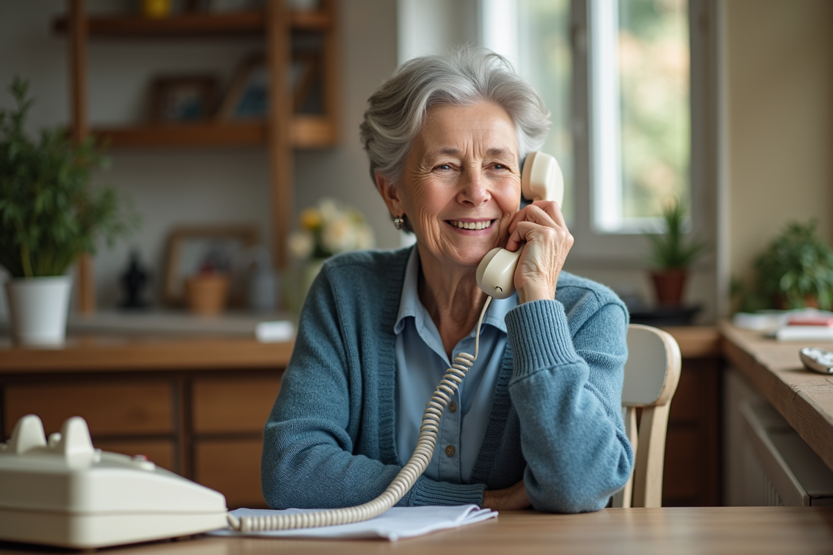 Femme agee souriante utilisant un telephone fixe dans son salon