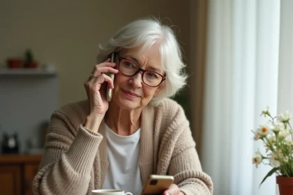 Femme âgée tenant un téléphone mobile à grandes touches adapté aux malvoyants dans sa cuisine