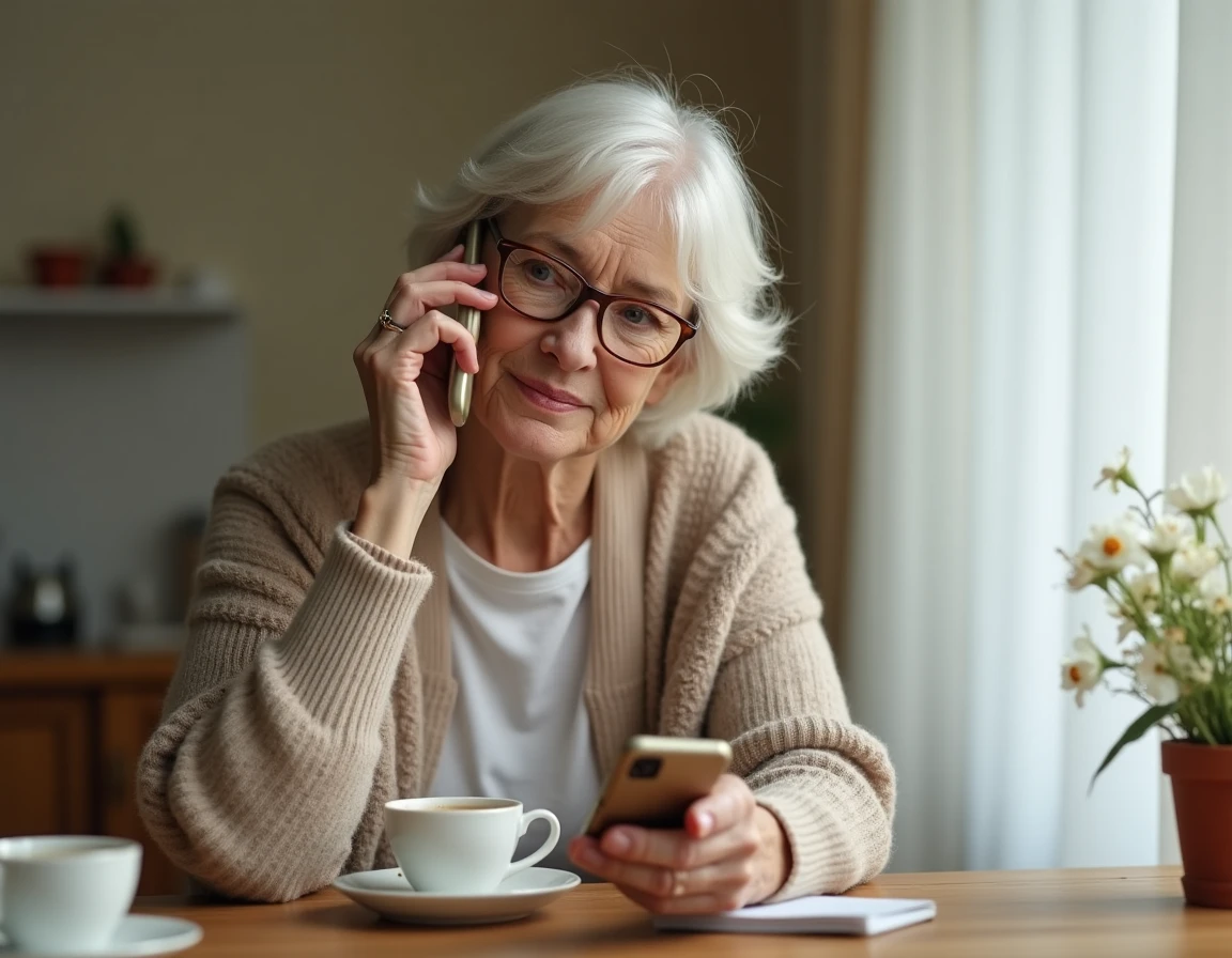 Femme âgée tenant un téléphone mobile à grandes touches adapté aux malvoyants dans sa cuisine