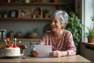 Femme de 60 ans souriante avec carte d'anniversaire