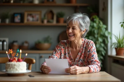Femme de 60 ans souriante avec carte d'anniversaire