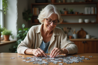 Femme d'âge moyen assemble un puzzle dans la cuisine chaleureuse