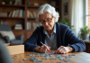 Femme âgée en train d'assembler un puzzle dans un salon cosy