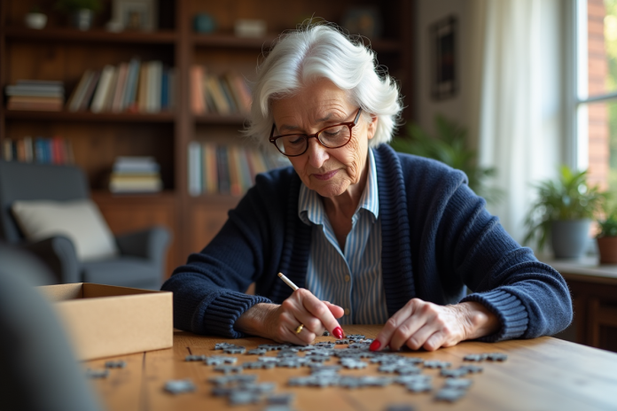 femme-assemble-puzzle-salon Femme âgée en train d'assembler un puzzle dans un salon cosy